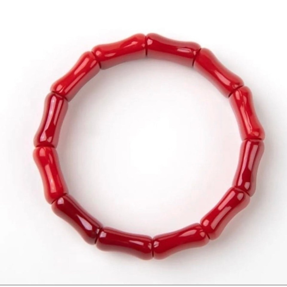 Red Bamboo Style Stretch Bracelet Glossy Statement Chunky Beaded Bangle Red